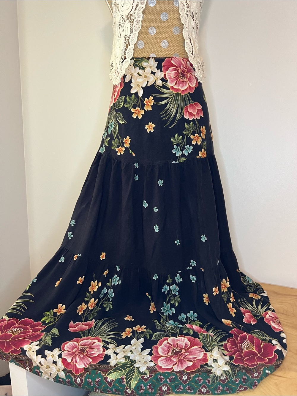 Farm Rio Floral on Black Drop Waist Maxi Skirt - Picture 1 of 8